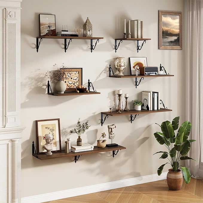 RICHFOCUS 12 Inch Deep Floating Shelves for Wall, 16" W x 12" D Wood Wall Shelves Set of 2, Wide Floating Shelves for Living Room, Bedroom, Kitchen, Bathroom and Decor Storage, Walnut