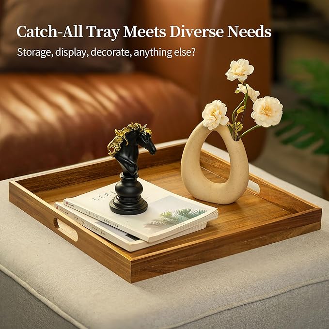 Hanobe Ottoman Tray for Table Top: 20'‘ Wood Decorative Tray for Home Decor - Large Coffee Table Serving Tray with Handles for Living Room