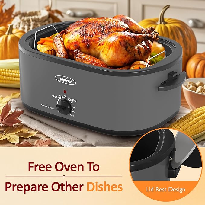 Sunvivi Electric Roaster,26 Quart Roasting Oven with Self-Basting Lid Removable Pan,Turkey Roaster Oven with 150 to 450F Temperature Control Cool-Touch Handles, Grey