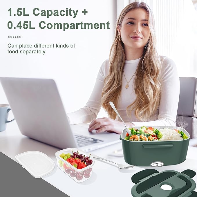 Electric Heated Lunch Boxes Adults: 80W Electric Lunch Box Food Heated 12/24/110V 1.5L Heatable Lunch Box for Car/Truck/Office Leak-Proof Stainless Steel Container,Fork & Spoon,Bag (Dark Green)