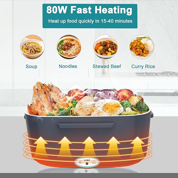 Electric Heated Lunch Boxes Adults: 80W Electric Lunch Box Food Heated 12/24/110V 1.5L Heatable Lunch Box for Car/Truck/Office Leak-Proof Stainless Steel Container, Fork & Spoon, Bag (Grey+Green)