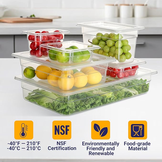 6 Pack NSF Food Pans with Lids, 1/3 Size 4'' Deep Commercial Food Storage Containers, Polycarbonate, Clear