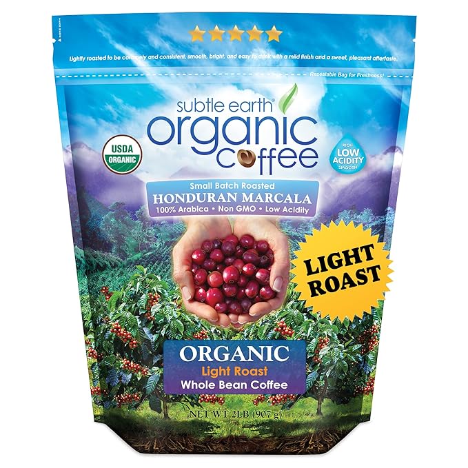 2LB Subtle Earth Organic Coffee - Light Roast - Whole Bean Coffee - 100% Arabica Beans - Low Acidity and Non-GMO - 2lb bag