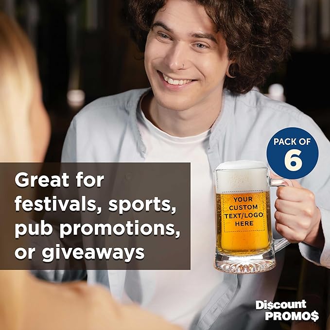DISCOUNT PROMOS Custom ARC Glass Beer Mugs 25 oz. Set of 6, Personalized Bulk Pack - Great for Octoberfest, Pub, Restaurant - Clear