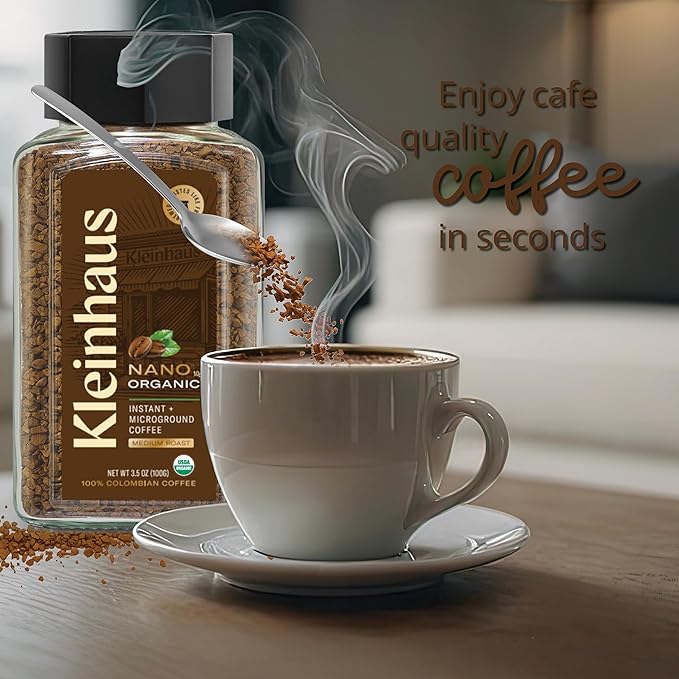 Kleinhaus Organic Medium Roast Nano Instant Coffee + Microground | 100% Colombian Arabica Coffee | Freeze dried | Fresh Brewed Taste | 3.5 oz Jar (2 Pack, Organic)