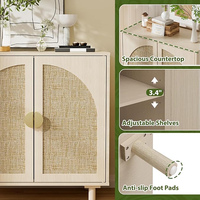 Rattan Sideboard Cabinet with Doors and Adjustable Shelves, Boho Entryway Cabinet, Wood Storage Cabinet for Living Room, Kitchen, Entryway (Beige)