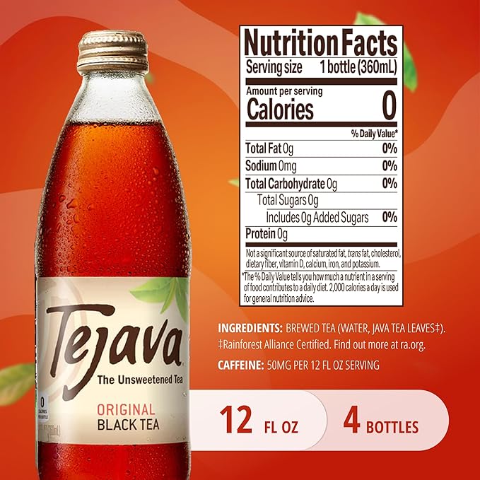 Tejava Original Unsweetened Black Iced Tea, 4 Pack, 12oz Glass Bottles, Non-GMO, Kosher, No Sugar or Sweeteners, No calories, No Preservatives, Brewed in Small Batches