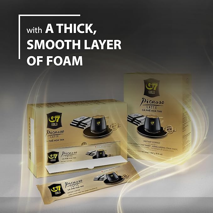 TRUNG NGUYEN G7 Gold Picasso Latte Instant Coffee Single Served Sticks for Energy Boost (8.9 oz - Box of 14 Sticks)