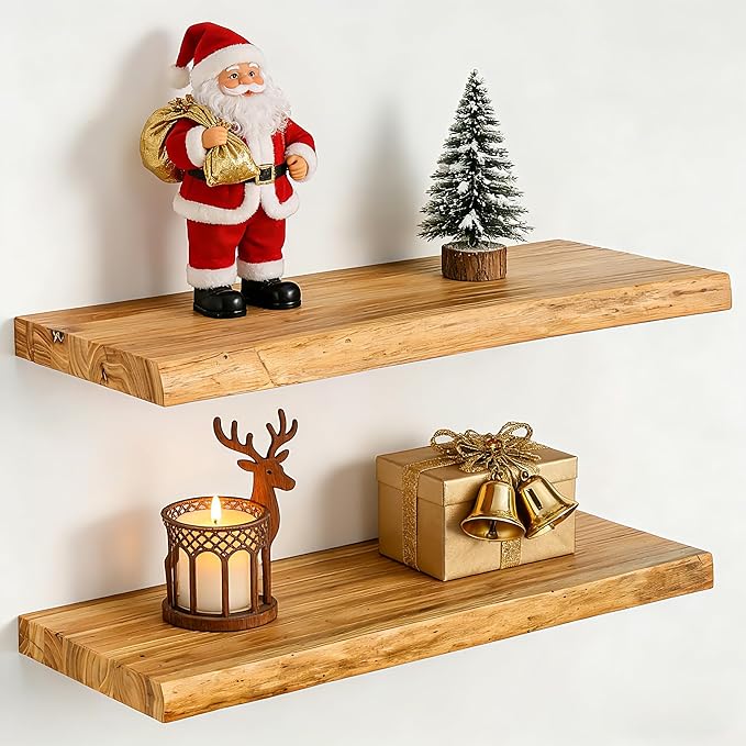 Fun Memories 24Inch Floating Shelves Set of 2, Rustic Solid Elm Wood Live Edge Floating Shelves, Invisible Bracket Mount for Living Room, Kitchen, Bathroom - Natural
