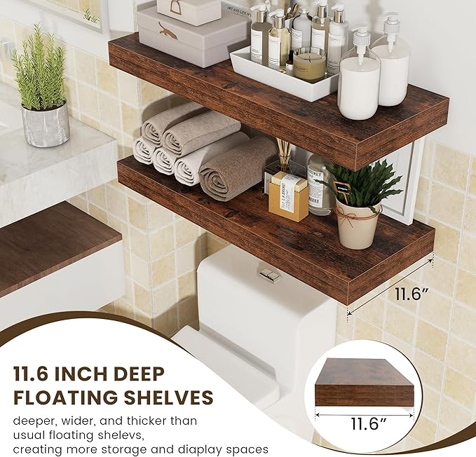 30 Inch Floating Shelves | 12 Inch Deep Brown Floating Shelves Set of 2 | 30" W x 12" D Rustic Wood Shelves for Wall | Deep Brown Shelves for Living Room Bathroom Laundry Room Kitchen