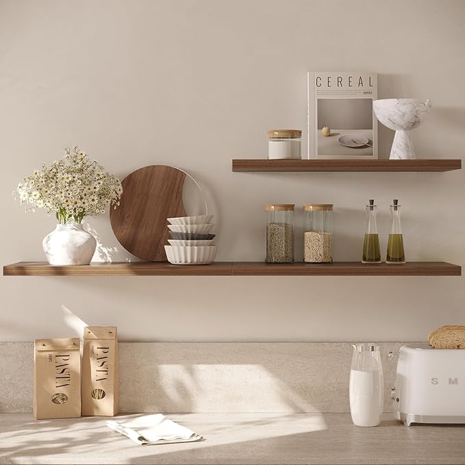 Wall Shelf Set of 1, Walnut Floating Shelves 24 in W x 10 in D x 1 in H, Wooden Floating Wall Shelf with Invisible Brackets for Living Room/Bedroom/Bathroom/Kitchen Storage and Decor