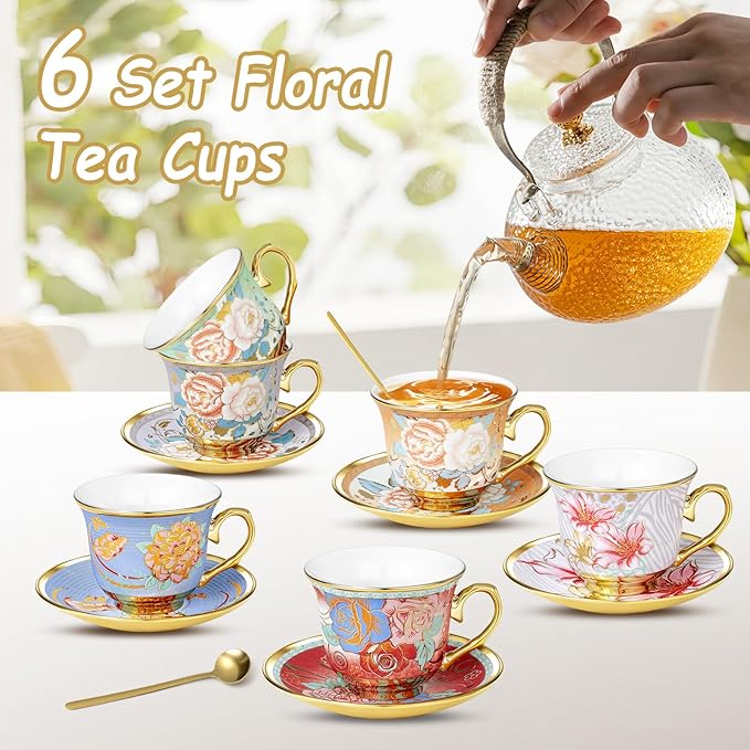 Tea Cups and Saucers, Tea Cup Set of 6, 8 OZ Floral Cups Porcelain Cup Set for Cappuccino, Coffee, Afternoon Tea Birthday Party Supply Christmas gift