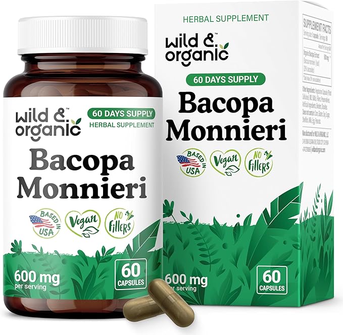 Wild & Organic Bacopa Capsules 600 mg - Brain Support - Natural Bacopa Monnieri Supplement - Brahmi Capsules - 60 Days of Supply - Vegan, No Fillers, Non-GMO - 60 Count