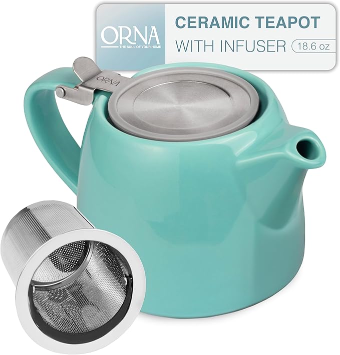 ORNA Ceramic Teapot with Tea Infuser – Small Tea Pot for Loose Leaf Tea – 550ml / 18.6 Oz Non-Stove Porcelain Teapot for 2 Cups with Tea Strainer (Turquoise)