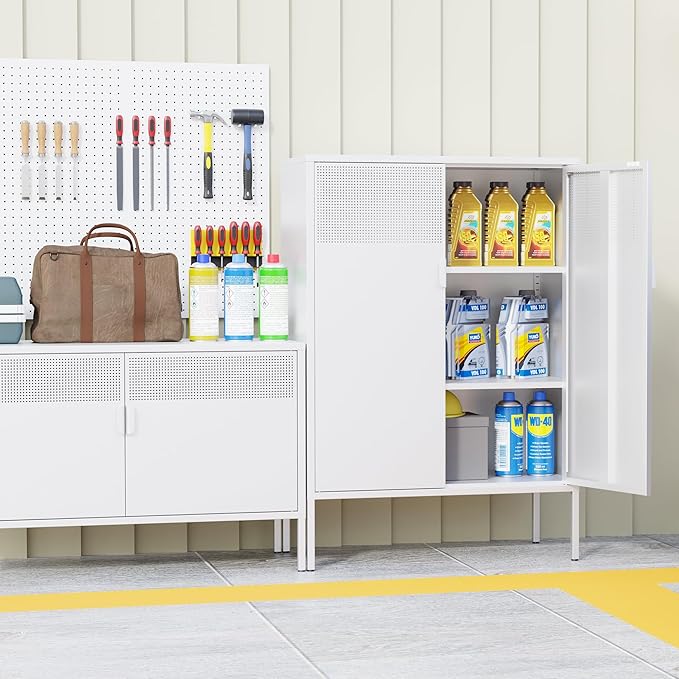 Metal Storage Cabinet,Kitchen Pantry Storage Cabinets with Doors,Buffet Cabinet with 2 Adjustable Shelves,White Pantry Cabinets,Steel Sideboard for Home,Shoes,Office,Dining Room