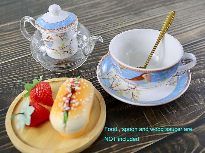Tea for One Set, Glass Teapot with Porcelain Infuser Strainer and Cup & Saucer- Happy Bird Pattern (Blue)