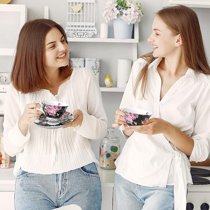 London Boutique Tea Cup and Saucer Set 1 Afternoon Tea Set New Bone China Vintage Flora Gift Box 200m (Black)