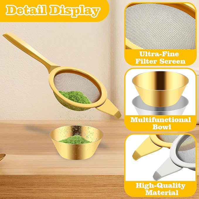 2 pcs 2.2in mini matcha sifter, stainless steel 30 Fine Mesh strainer with Drip Bowl, sieve matcha, loose tea, cocktail, juice, coffee