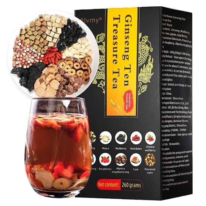 10 Bags Ginseng Ten Treasures Tea, Chinese Herbal Kidney Detox Tea for Men & Women, 10 Precious Ingredients Formula (260g,10 bags/Box)