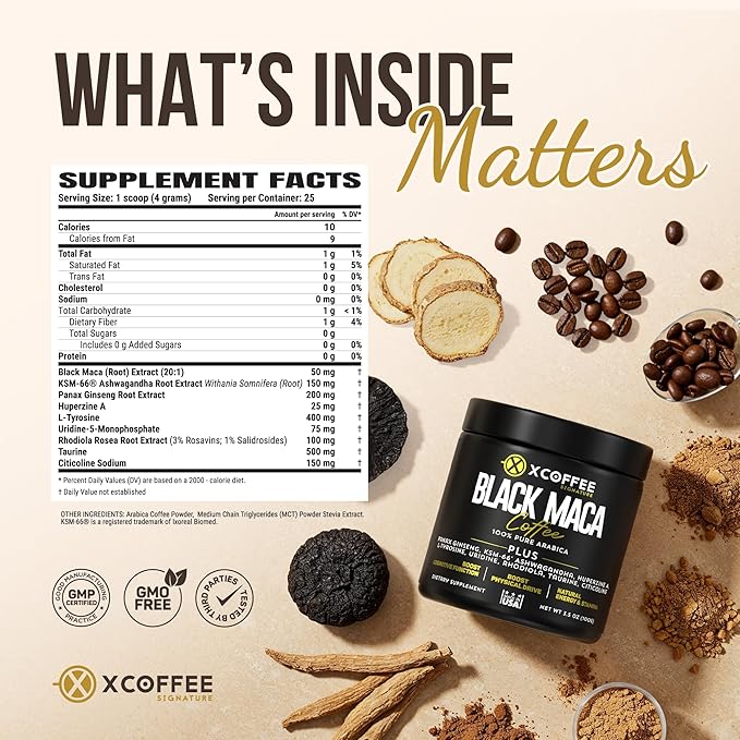 Black Maca Adaptogenic Coffee – Instant Arabica Medium Roast with | KSM-66 Ashwagandha | Ginseng | Natural Energy, Focus & Stamina Blend with Taurine, Rhodiola & Citicoline
