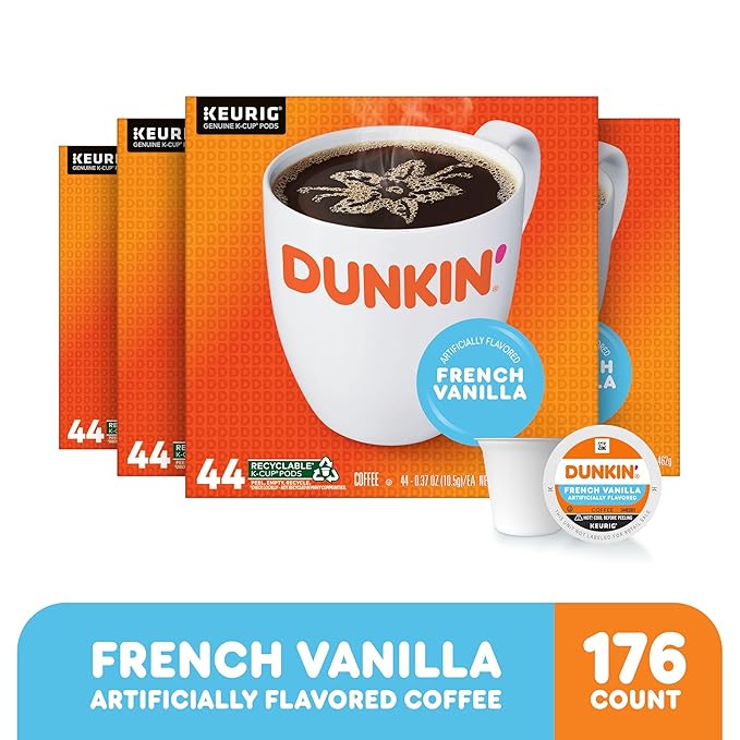 Dunkin’ French Vanilla, Artificially Flavored Coffee, Keurig K-Cup Pods, 44 Count Boxes (Pack of 4)