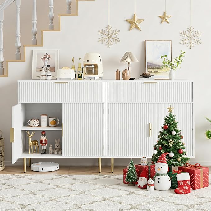 Coffee Bar Cabinet with 2 Doors & Drawer, Sideboard Buffet with Adjustable Shelves, Accent Liquor Cabinet with Storage, Console Table for Living Dining Room, White