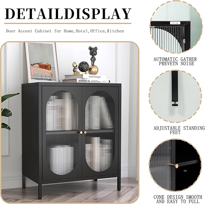 Small 2 Transparent Door Metal Storage Side Buffet Cabinet for Bed Room,Living Room,Entryway,Hallway,Home,Hotel,Office,Garage,Kitchen,1 Removable Shelf. (Transparent Door, Black)