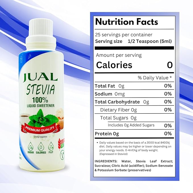 JUAL Natural Liquid Stevia Sweetener with Sucralose – 4.22 Fl Oz – Zero Calorie, Sugar-Free, Low Carb – Stevia Drops for Coffee, Tea & Baking