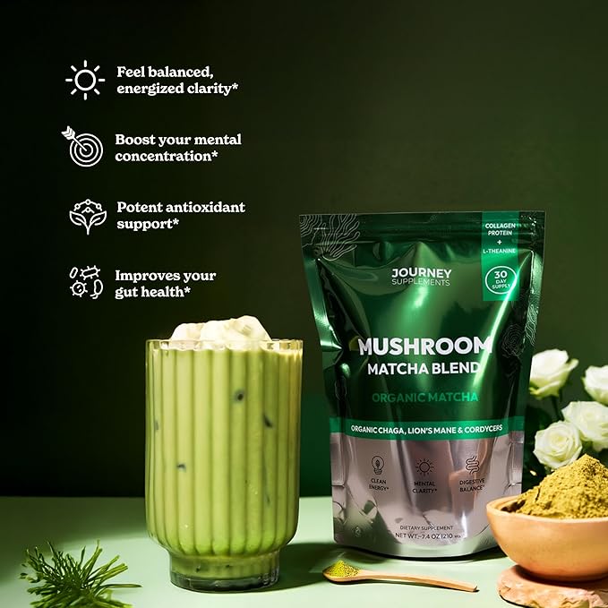 Mushroom Matcha with Collagen – Adaptogenic Matcha for Energy, Focus, & Mental Clarity – Enhanced with Lion’s Mane, Chaga, Cordyceps & L-Theanine (30 Servings)