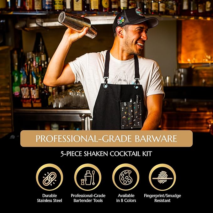 5 Piece Cocktail Kit by Bull In China - Premium Bartender Gift Set Includes Weighted 2 Piece Boston Shaker, Hammered Bell Jigger, Hawthorne Strainer & Fine Mesh Strainer (Rainbow Chrome)