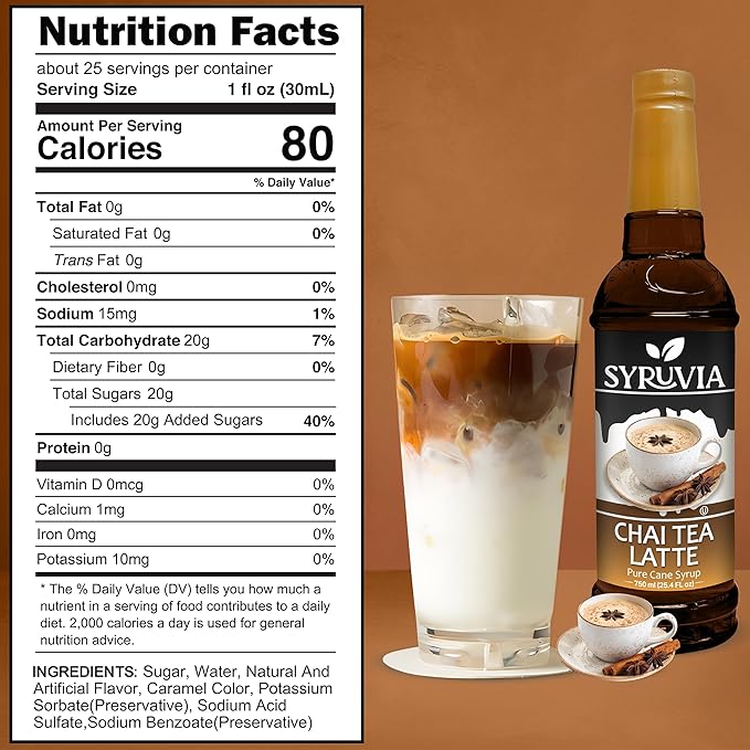 Syruvia Chai Tea Coffee Syrup - 25.4 fl oz. Ideal for Enhancing Drinks, Sodas, Shakes, Desserts, and More With Pump