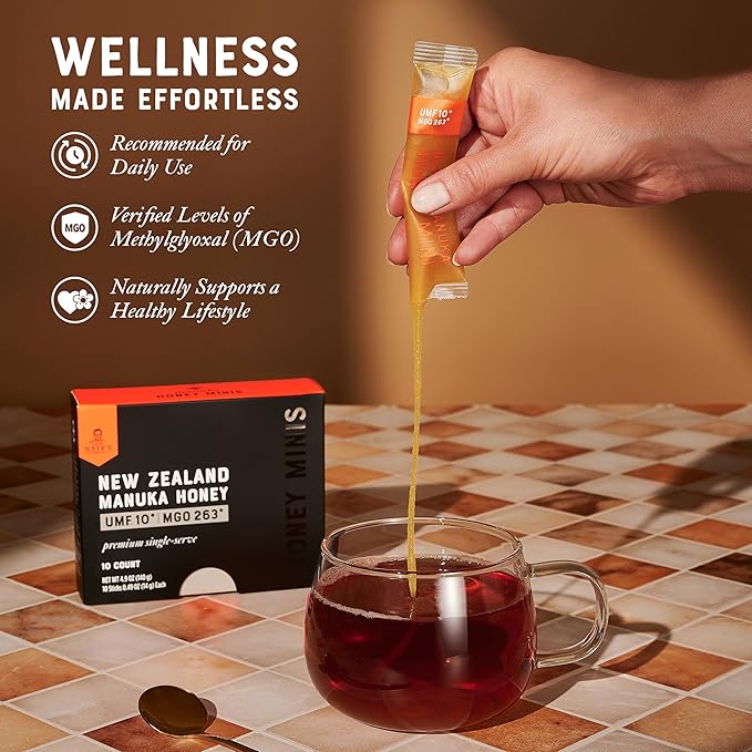 Nate's Manuka Honey Minis - 10 Count Single-serve, Pure Manuka Honey - MGO 263+ | UMF Certified 10+ Single-Serve Packets for On-the-Go Daily Wellness
