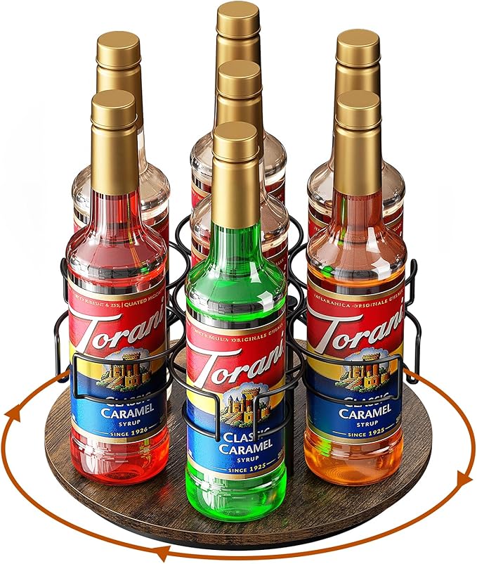 Rotating Coffee Syrup Organizer, 7 Bottles Coffee Syrup Rack for Countertop Syrup Bottle Holder Stand for Coffee Bar Station, Carbon Steel Frame with Wooden Base Coffee Bar Accessory, Black