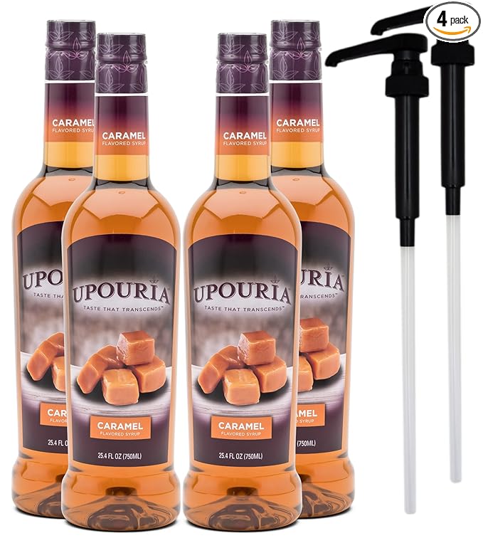 Upouria Caramel Coffee Syrup Flavoring, 100% Vegan, Gluten-Free, Kosher, 750 mL Bottle (Pack of 4) with 2 Syrup Pumps