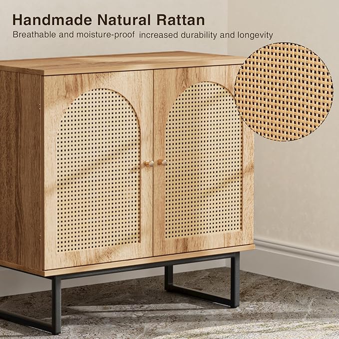 Vabches Sideboard Buffet Cabinet with Rattan Doors, 2 Doors Accent Sideboard Cabinet, Coffee Bar Cabinet with Metal Legs for Living Room, Hallway, Entryway Natural (Natural, 2 Doors)