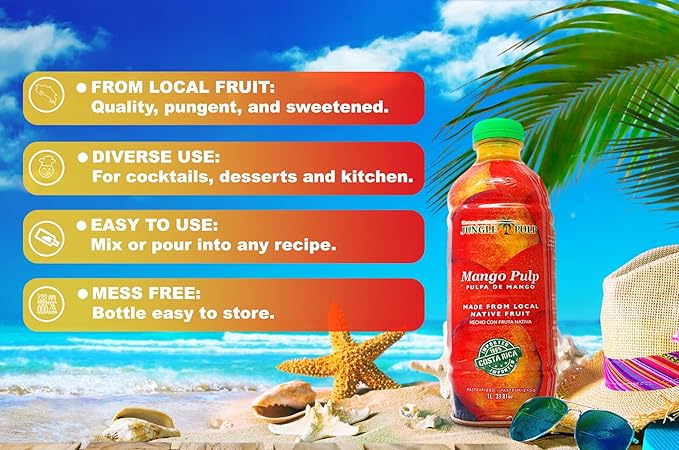 Jungle Pulp Mango Puree Costa Rica Blend, for Cocktails, Baking and Desserts -Never canned - Mix or pour into Smoothies, Daiquiri, Margaritas, Ice Tea and Cakes- 1 Liter