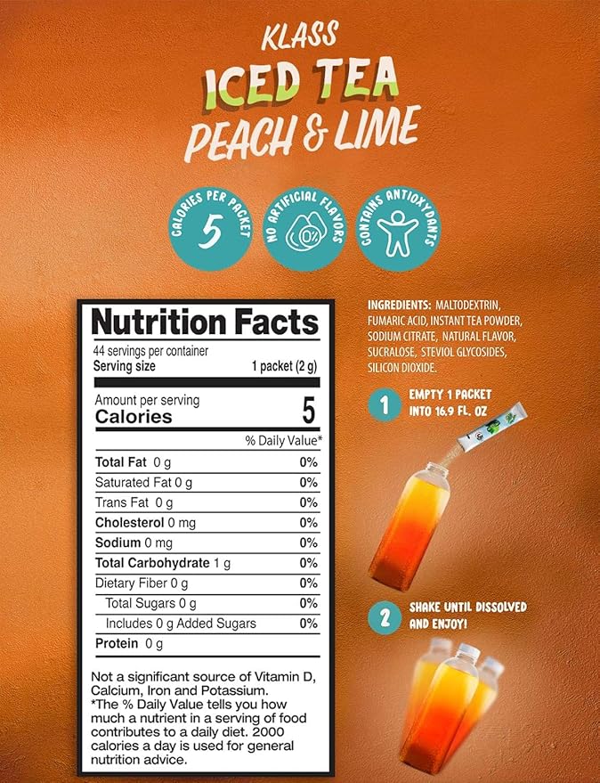 Klass Iced Tea Drink Mix - Sugar Free Variety Pack - Peach & Lime Black Tea On-The-Go! (44 Count Powder Stick Packs) 5 Calories Per Packet
