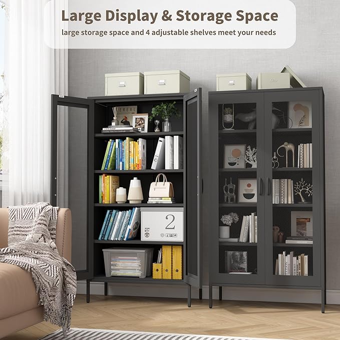 Metal Storage Cabinet,72H Display Cabinets with Adjustable Shelves and 2 Mesh Door,Pantry Organizers and Storage, Black Storage Cabinet for Home,Office,Garage,Bathroom