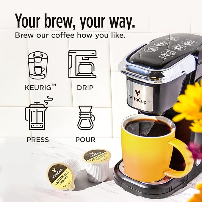 VitaCup Lightning Coffee Pods, for Memory & Focus w/ 2X Caffeine, Green Coffee Bean, B Vitamins, D3, Strong Dark Roast, Recyclable Single Serve Pod Compatible with Keurig K-Cup Brewers,32 Ct
