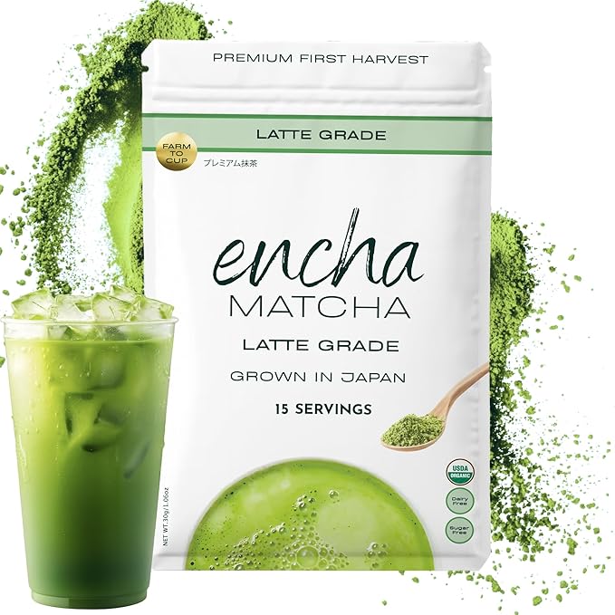 Encha Latte Grade Matcha Powder - First Harvest Organic Unsweetened Matcha Green Tea, From Uji, Japan (30G/1.06 Ounce) Premium Powder for matcha latte, smoothie | Caffeine, L-Theanine