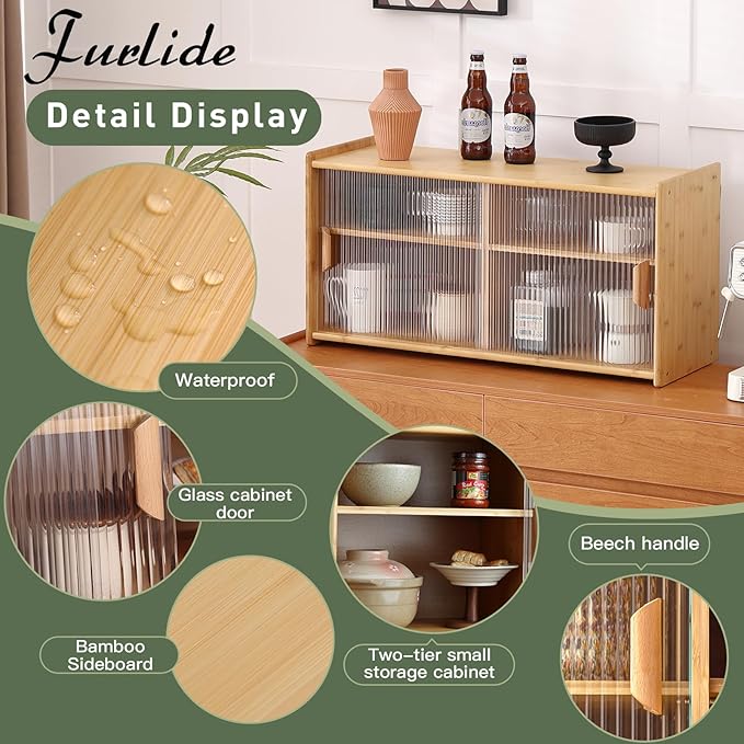 Wall Mounted Bamboo Countertop Storage Cabinet with Glass Door, Hanging Kitchen Cupboard with Adjustable Shelves, Small Pantry Sideboard for Dining Room, Bathroom, Wood
