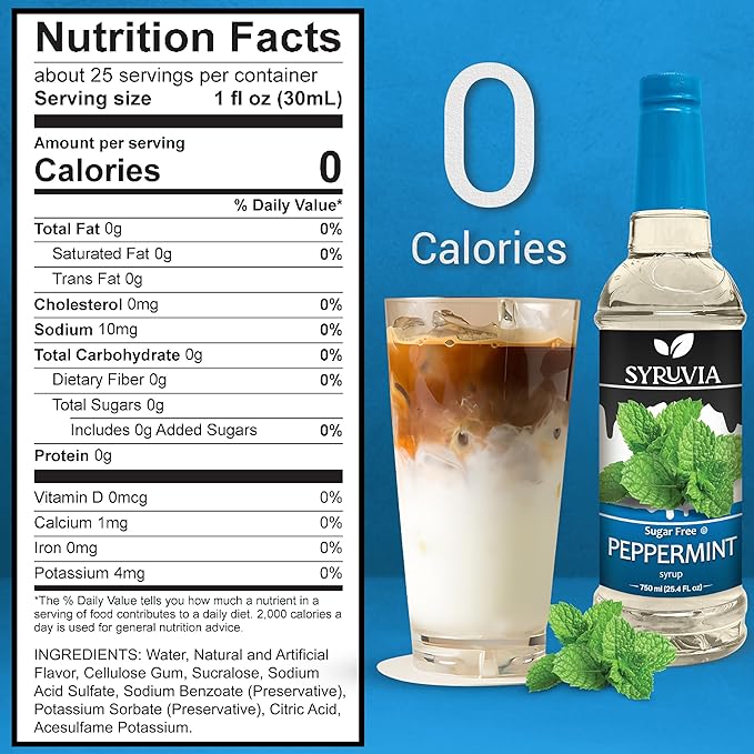 Syruvia Sugar Free Peppermint Syrup for Coffee, Flavored Syrup for Drinks, Lattes, and Desserts – 25.4 fl oz