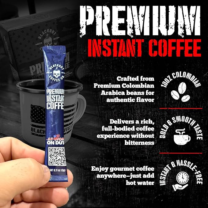 Blackout Coffee Colombian Arabica Instant Coffee – Medium Roast, Strong Aromatic, Single Serve Packets – Premium Quality 32 Count.