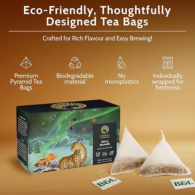 Blooms & Leopard Premium Green Tea Bags – Berry Borealis Blend with Hibiscus, Blueberries, Strawberries, & Spearmint – 20 Pyramid Tea Bags for Hot or Iced Tea
