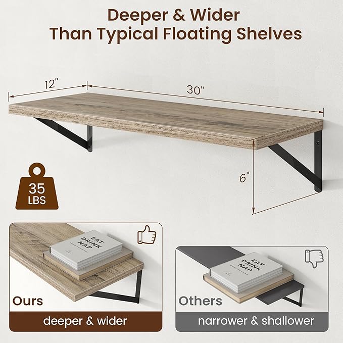 Axeman Deep Floating Shelves - 30 Inch Floating Shelves Set of 2-12 Inch Deep Grey Wood Wall Shelves for Living Room Bathroom Kitchen