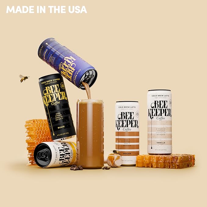 Beekeeper Caramel Cold Brew Coffee Drinks with Oregon Honey | 12 Pack Refreshing Iced Coffee - Unsweetened & Strong Arabica Brew, 8 fl oz Ready-to-Drink Can - 180mg Natural Caffeine