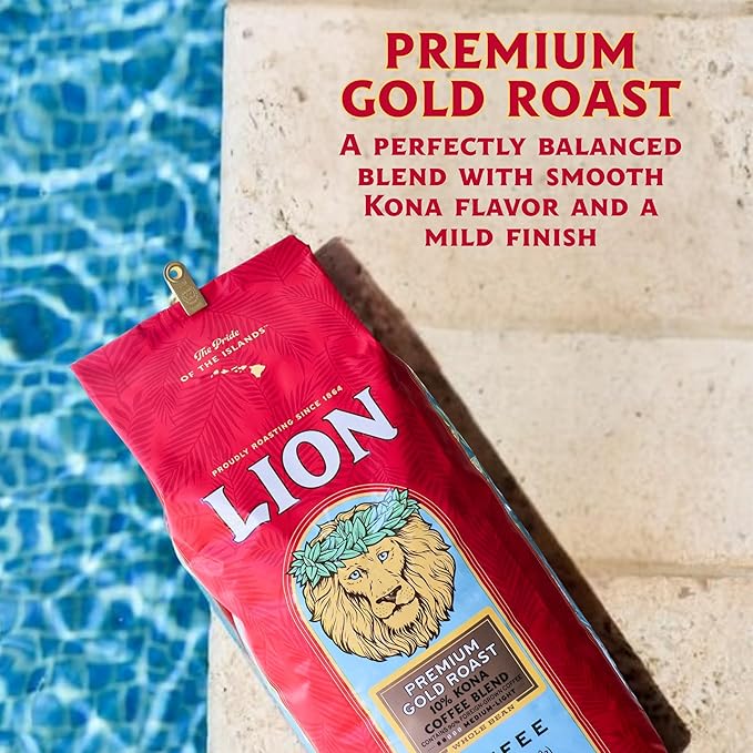 Lion Coffee Premium Gold Roast Whole Bean Coffee, 10% Kona Blend, Medium-Light Roast, A Taste of Aloha - 24 Ounce Bag