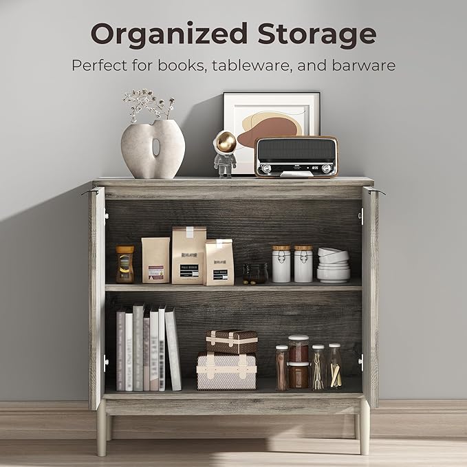 Fluted Cabinet with Storage, Buffet Cabinet Sideborad with 2 Doors, Grey Buffet Storage Accent Cabinets with Adjustable Shelves for Living Room, Entry, Hallway, Kitchen