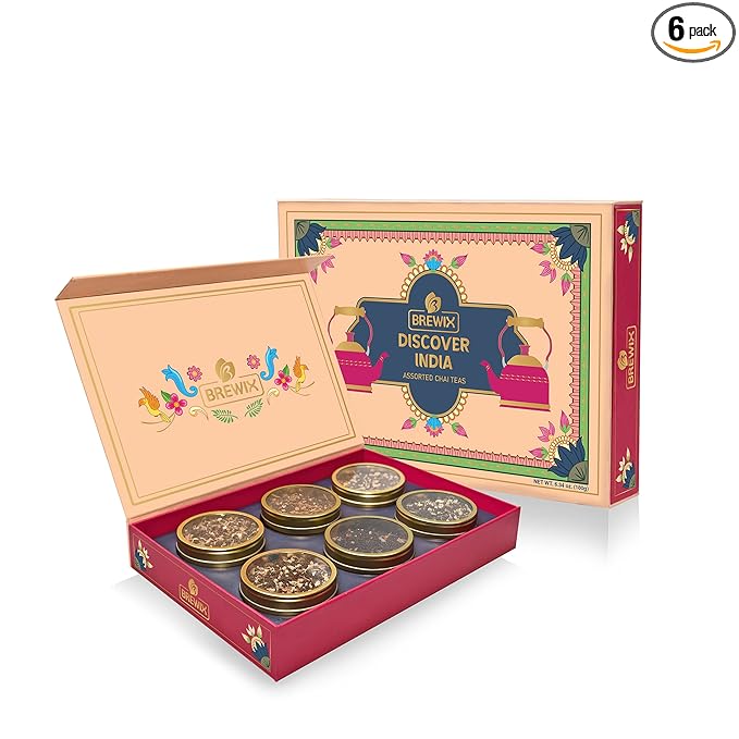 BREWIX, Discover India Premium Black Tea Christmas Gift Box (6.34oz/90+ Cups) | Tea Gift Sets For Tea Lover | 6 Unique Chai Teas | Best for Birthdays, Anniversaries & Holidays