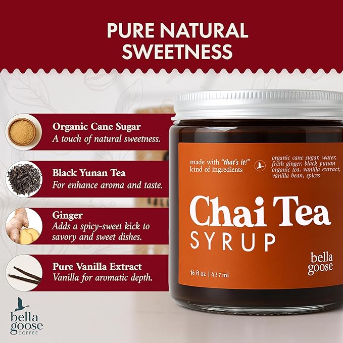 Bella Goose Chai Tea Syrup for Coffee (16oz) - Homemade Chai Tea Latte Syrup with Pure Cane Sugar, Vanilla & Spices - Clean Ingredient - No Artificial Flavors, Oils or Dyes Syrups for Coffee Drinks